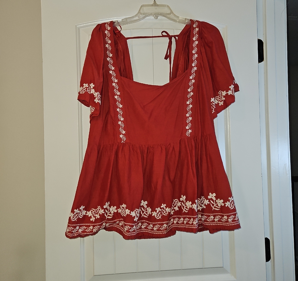 Old Navy Red Blouse with White Embroidery